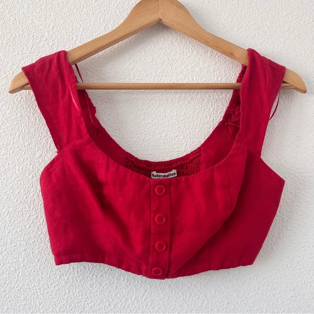 Reformation Teya Red Linen Two Piece Set Crop Top Midi Skirt - Picture 7 of 13